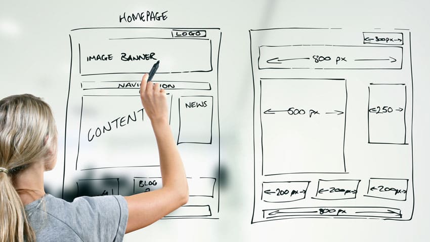 A woman whiteboarding elements of a homepage